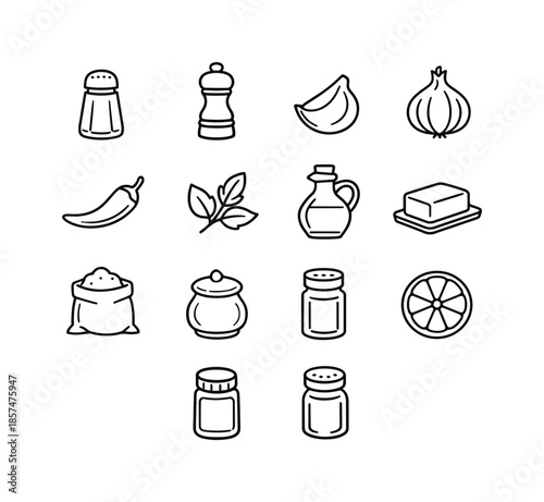 Culinary Icon Set. Food ingredients. Line icon set of Food ingredients: salt shaker, pepper grinder, garlic clove, onion, chili pepper, herbs, oil bottle,