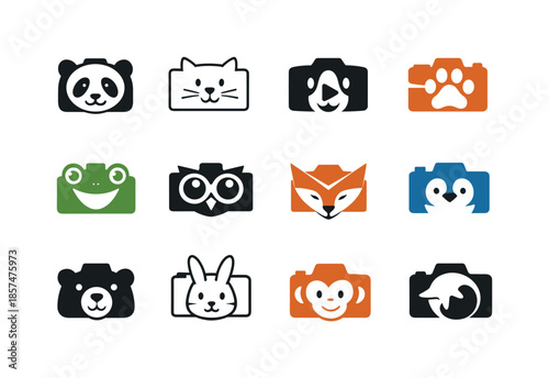 Animal Video Logos. animal videos. Icon set. Set Logo of animal videos: camera with animal face. harmonious logo variations of the same emblematic concept,