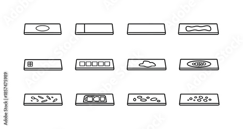 Microscope Slide Icons. Types of Microscope Slides. Line icon set of Types of Microscope Slides: concave slide, frosted-end slide, standard slide, adhesive