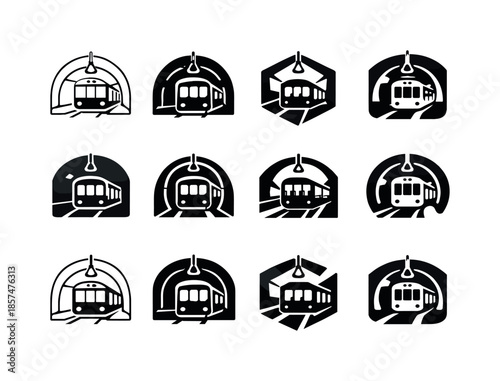 Subway Train Icon Variations. A subway train moving through underground tunnels, with passengers inside. Icon set. Set Logo of a subway train moving through