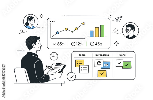 Remote Team Analysis. Remote performance tracking. Leader reviewing progress charts and task boards for a distributed team. Calm analytical mood focused on