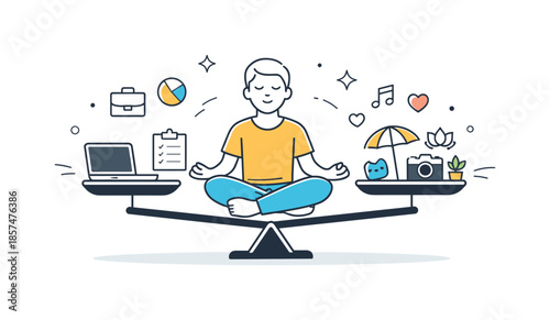 Balancing Work and Life. Work-life balance. Character balancing work tools and personal items on simple scales. Calm harmonious scene showing healthy time