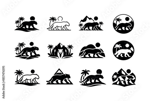 Jungle Icon Variations. wild jungles. Icon set. Set Logo of wild jungles: wild animal silhouette (panther). harmonious logo variations of the same emblematic