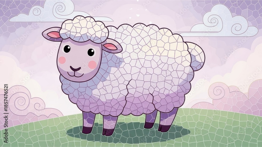 Obraz premium Adorable watercolor sheep illustration in a pastel landscape with fluffy clouds