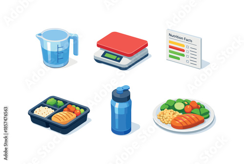 Nutrition Icon Grid. Nutrition and Diet Tools. Isometric flat vector icons set of Nutrition and Diet Tools: measuring cup, food scale, nutrition label card,