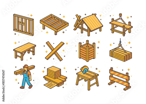 Colorful Timber Icons. Timber construction with planks. Colorful isometric vector icons set of timber construction with planks: framed wall with studs and