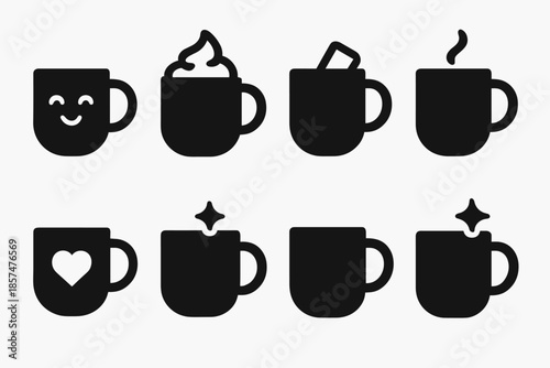 Cozy Mug Icon Set. Cozy cocoa mug. Filled icon set of Cozy cocoa mug: smiling mug, whipped cream, marshmallow,
