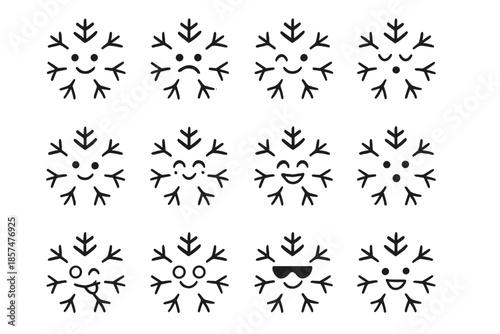 Snowflake Emoji Icons. Winter expressions. Line outline icon set of winter expressions: happy snowflake, sad