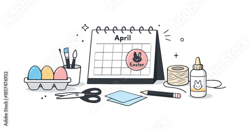 Easter Preparations Workspace. Easter preparation elements / early Easter. A minimal workspace with a calendar marked for Easter, colored eggs, and simple