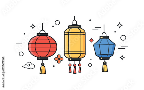 Festive Lantern Icons. Chinese New Year lanterns editorial illustration. Modern flat lantern icons with soft shadows and floating decorative
