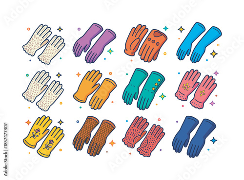 Vintage Gloves Icons. Vintage Gloves. Colorful isometric vector icons set of Vintage Gloves: lace gloves, satin gloves, leather driving gloves, opera gloves,
