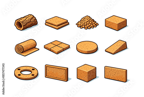 Cork Material Icons. Cork materials. Colorful isometric vector icons set of cork materials: raw cork bark, sliced cork sheet, cork granules, cork block, cork