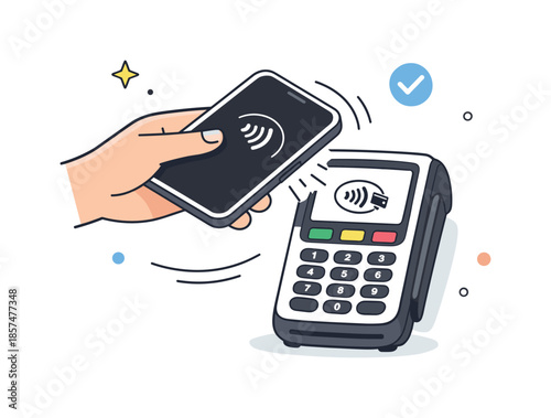 Seamless Tap Payment. Contactless payments. A simple tap-to-pay action with a phone and terminal, highlighted by gentle motion lines. Fast, seamless, and