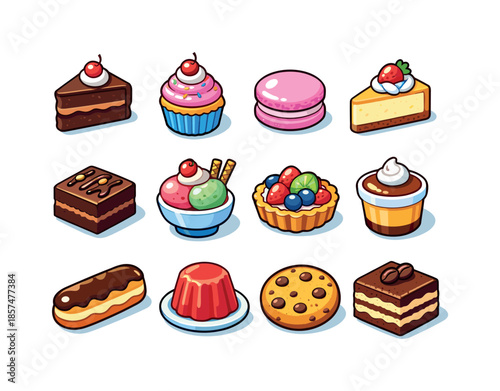 Colorful Dessert Icons. desserts. Colorful isometric vector icons set of desserts: chocolate cake slice, cupcake, macaron, cheesecake slice, brownie square,