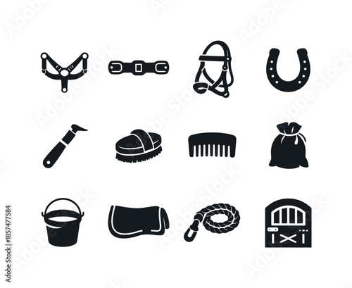 Horse Gear Icons. Winter sleigh ride. Solid icon set of horse gear: harness, saddle strap, bridle, horseshoe, hoof pick, grooming brush, mane comb, feed bag,