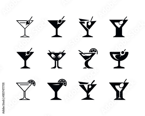 Party Drink Icons. party drinks. Icon set. Set Logo of party drinks: cocktail glass silhouette. harmonious logo variations of the same emblematic concept, each
