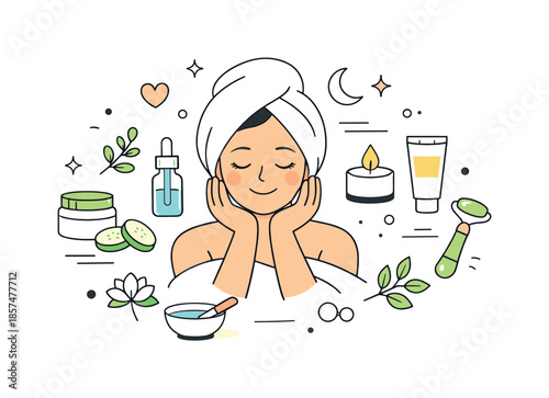 Calm Skincare Ritual. Wellness and Self Care. Woman with a towel on her head and a calm smile, surrounded by skincare items and botanical icons. Friendly and