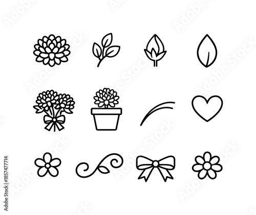 November Floral Icons. November birth flowers. Line icon set of november birth flowers: chrysanthemum, leaf sprig, bud, petal shape, bouquet, flower pot, stem