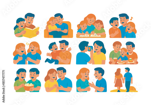 Family Bonding Icons. Family bonding. Colorful flat vector icons set of family bonding: storytelling, cuddling on couch, drawing together, singing songs,