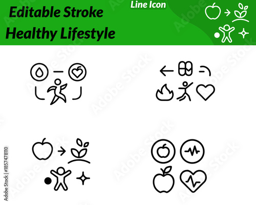 A minimalist healthy lifestyle icon featuring a heart leaf active human figure combined with wellness elements. Clean modern lines represent nutrition mental well-being balance positive daily habits.