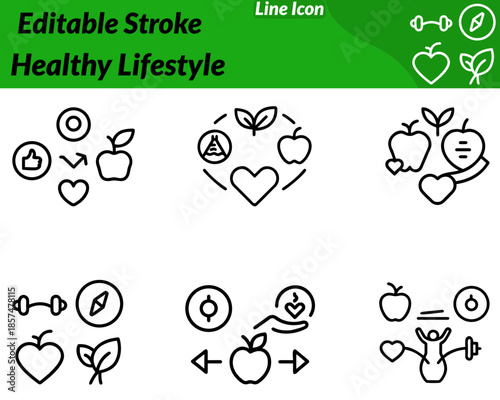 A minimalist healthy lifestyle icon featuring a heart leaf active human figure combined with wellness elements. Clean modern lines represent nutrition mental well-being balance positive daily habits.