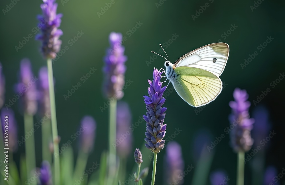 Fototapeta premium White butterfly lands on purple lavender flower bud collecting nectar. Insect on blossoming plant in garden during sunny day. Detail macro view of nature scene with purple petals.