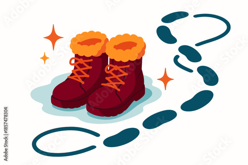 Cozy Boots in Snow. Cozy boots on snowy path. Boots rest in a small cluster; footprints leave looping curves