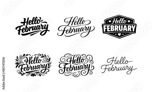 February Lettering Variations. Hello February. Set lettering. harmonious lettering variations of the same emblematic concept, each with different artistic