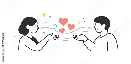 Abstract Connection. Love and connection. Two abstract characters gently reaching toward each other with heart and line elements floating between them,