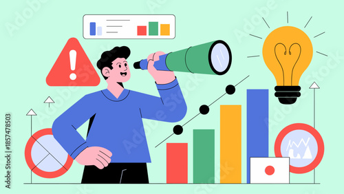 man with a telescope analyzing business risks and opportunities vector illustration