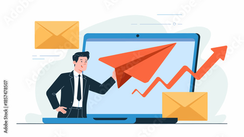 businessman launching a paper airplane from a laptop vector illustration, email marketing, digital campaigns, and business growth