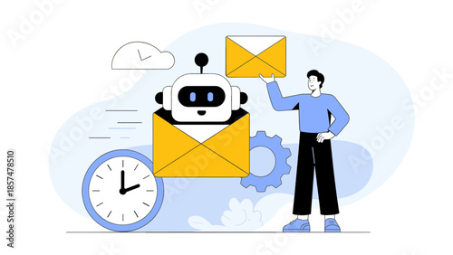 man with an ai robot managing email vector illustration 