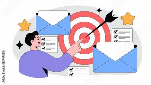 man pointing to a target bullseye in an email marketing campaign vector illustration
