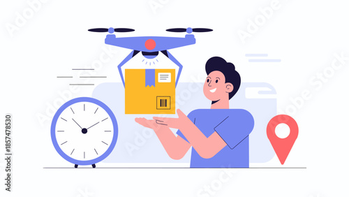 man receiving a package from a delivery drone vector illustration