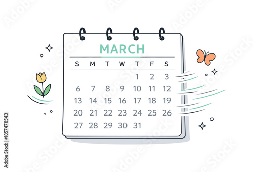 March Calendar Flow. March calendar illustration. A simple wall calendar with dates softly emphasized and light motion lines suggesting passing days. Sense of