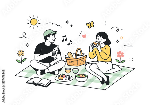 Spring Picnic Illustration. Spring outdoor picnic composition. Clean vector scene showing a cozy picnic moment, soft gestures and relaxed poses with abstract