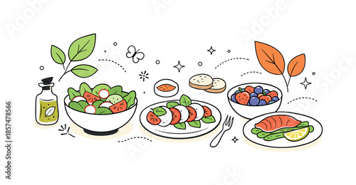 Fresh Spring Feast. Fresh spring food. A clean scene showing bowls of salad, fruit and light dishes arranged with abstract leaves and dots,