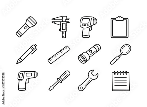 Inspection Tools Icons. Inspection Tools. Line icon set of Inspection Tools: flashlight, measuring caliper, digital scanner, clipboard, pen, ruler, UV light,