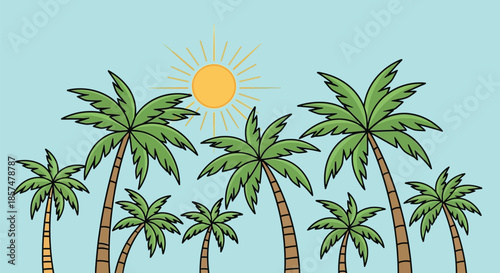 Tropical Palm Trees Landscape Illustration with Bright Summer Sun with vector illustration