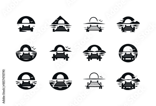 Lakeside Icon Variations. Lakeside. Icon set. Set Logo of Lakeside: wooden dock silhouette. harmonious logo variations of the same emblematic concept, each