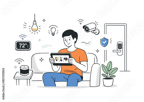 Smart Home Control. Smart home ecosystem. A person controlling lights, temperature, and security from a tablet while connected devices respond. Calm everyday