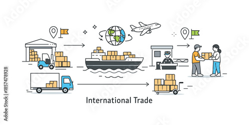 Global Trade Flow. International trade process. Goods moving between countries with boxes, arrows, and small map icons. Clear logistics flow and cross-border