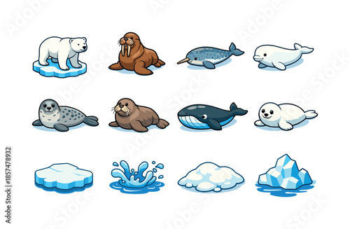Polar Marine Icons. polar marine mammals. Colorful isometric vector icons set of polar marine mammals: polar bear (marine icon), walrus, narwhal, beluga,
