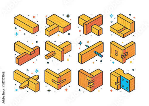 Colorful Wood Joinery Icons. Wood joinery with planks. Colorful isometric vector icons set of wood joinery with planks: butt joint between planks, miter joint