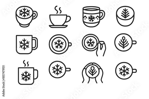 Snowflake Coffee Icons. Snowflake coffee icons. Line outline icon set of snowflake coffee icons: cup of latte