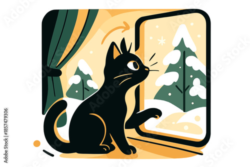 Curious Cat's Winter View. Curious cat at window. Cat gazing outside, snow-covered trees and soft winter light