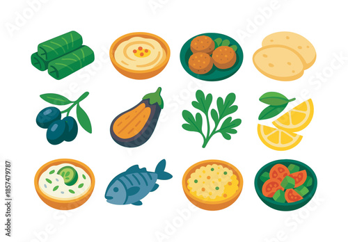 Mediterranean Cuisine Icons. Mediterranean cuisine. Colorful flat vector icons set of Mediterranean cuisine: stuffed grape leaves, hummus bowl, falafel, pita
