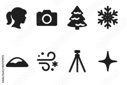 Snowy Tree Icons. Capturing snowy trees. Filled icon set of Capturing snowy trees: girl silhouette, camera