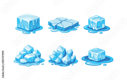 Melting Ice Icons. Melting ice. Isometric flat vector icons set of Melting ice: ice block with drip, cracked ice slab, melting ice cube, translucent ice pile,