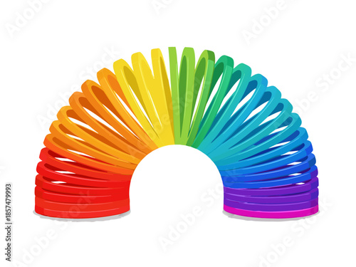 Vibrant Vector Illustration of a Rainbow Colored Plastic Spring Toy in a Curved Shape
